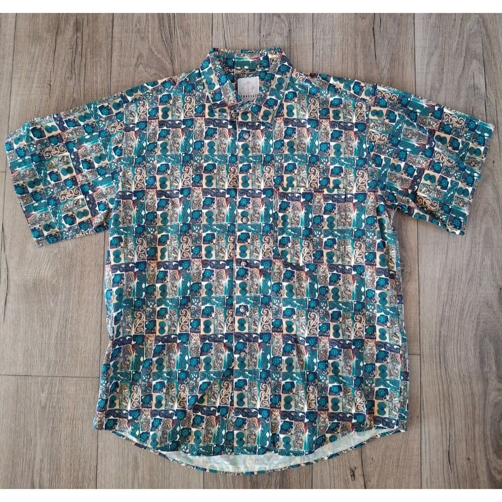Vintage Rinnovato Floral Green Brown Hawaiian 100% Cotton Button Up Men's Large